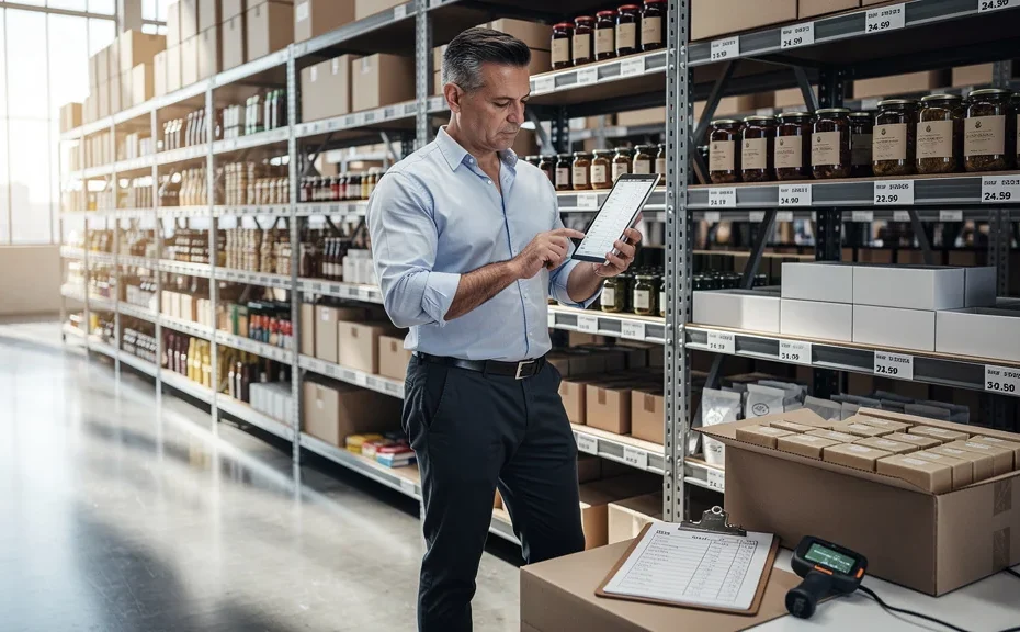 Consultant masculin vérifiant un stock réel lors de trois inventaires trimestriels en entrepôt moderne