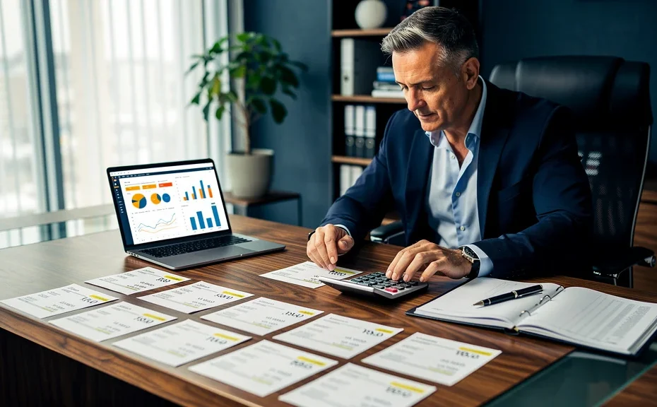 Consultant comparant escompte 2% et relance J+5 sur vingt factures dans un bureau moderne