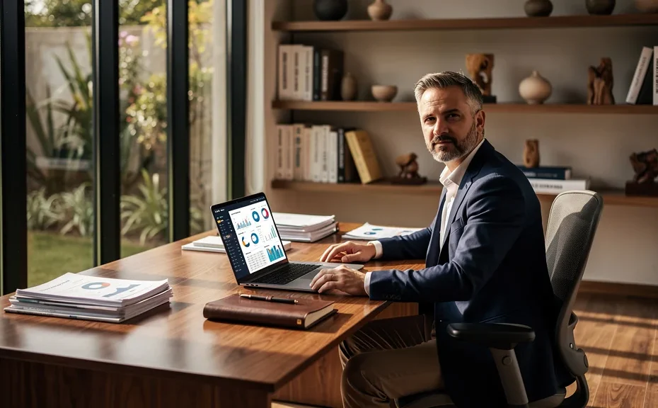 Bureau moderne lumineux illustrant un consultant indépendant expert en gestion keobiz