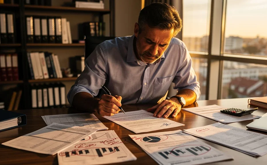 Consultant de 45 ans stressé face à des documents financiers compliqués en bureau lumineux