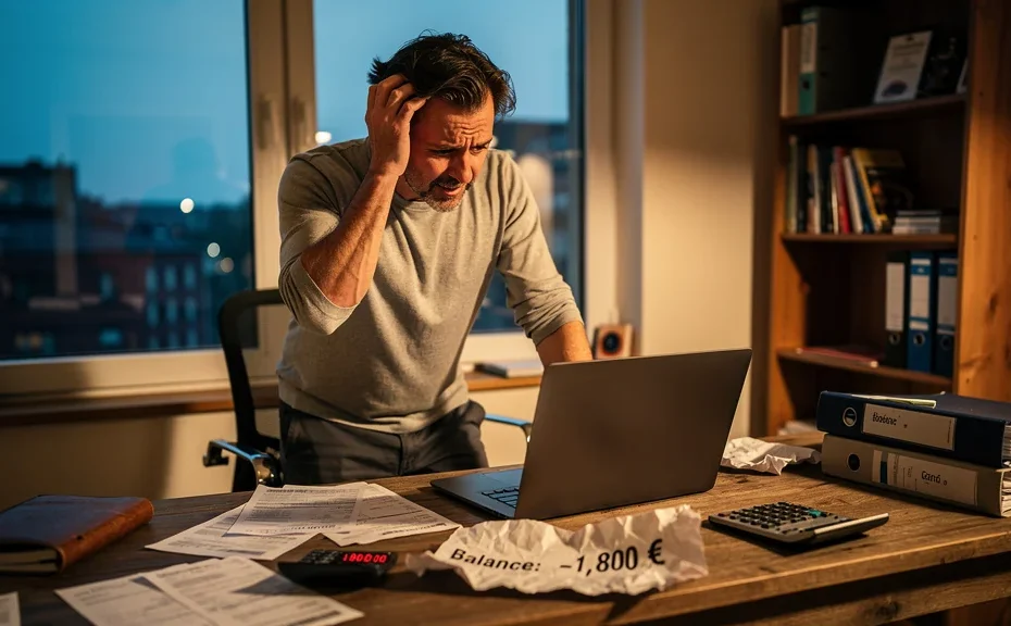 Homme consultant de 45 ans préoccupé par un déficit de 1 800 euros en juillet lié aux congés payés