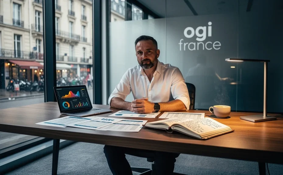 Espace de travail moderne d’un consultant indépendant en gestion, ambiance professionnelle et lumineuse à la française