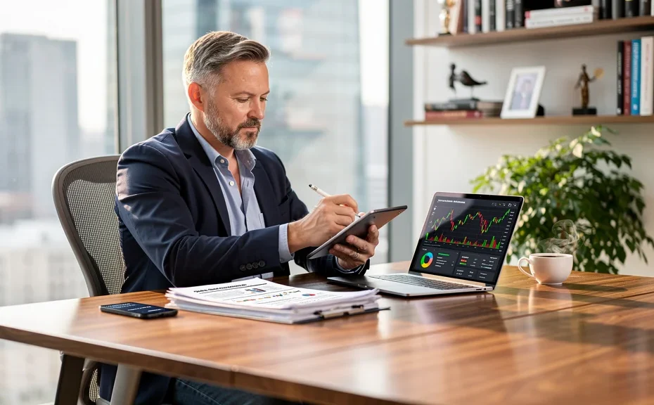 Consultant auto-entrepreneur homme 45 ans dans bureau moderne gestion prime activité entrepreneur