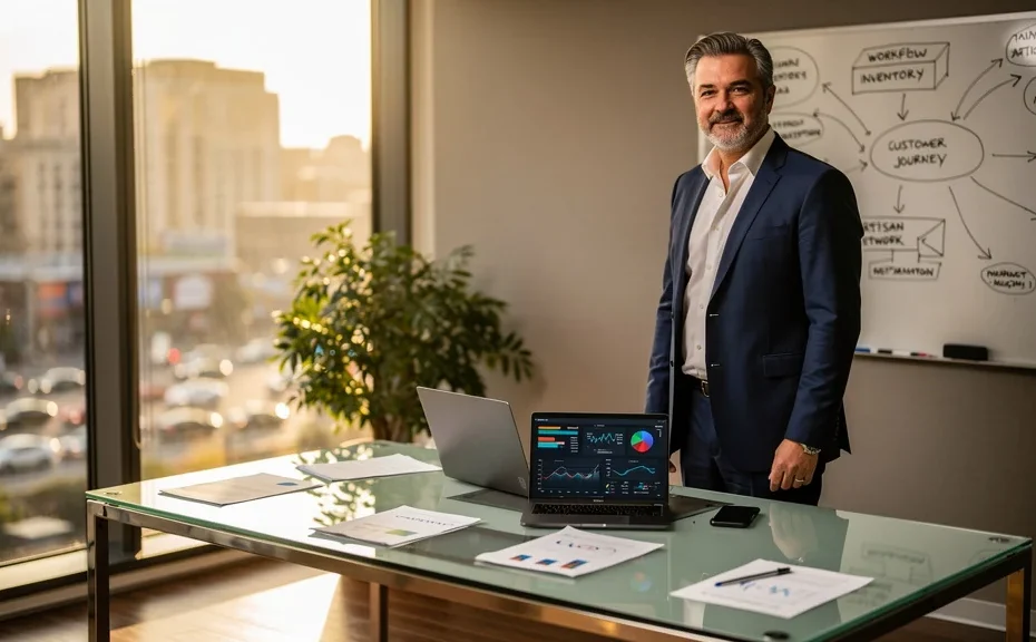 Portrait réaliste d’un consultant hommes 45 ans en gestion Rydge Conseil pour artisans et commerçants
