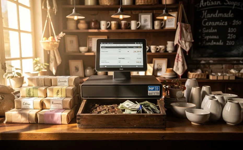 Intérieur d'un commerce artisanal avec caisse certifiée NF525 au premier plan, ambiance chaleureuse et lumière naturelle