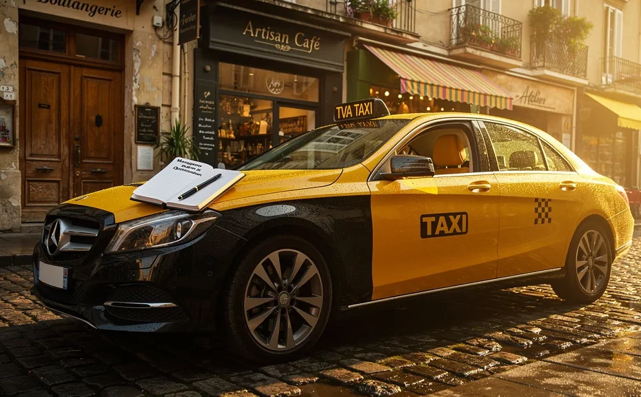 Taxi moderne en ville reflétant la gestion TVA pour artisans et commerçants, ambiance urbaine en fin d’après-midi