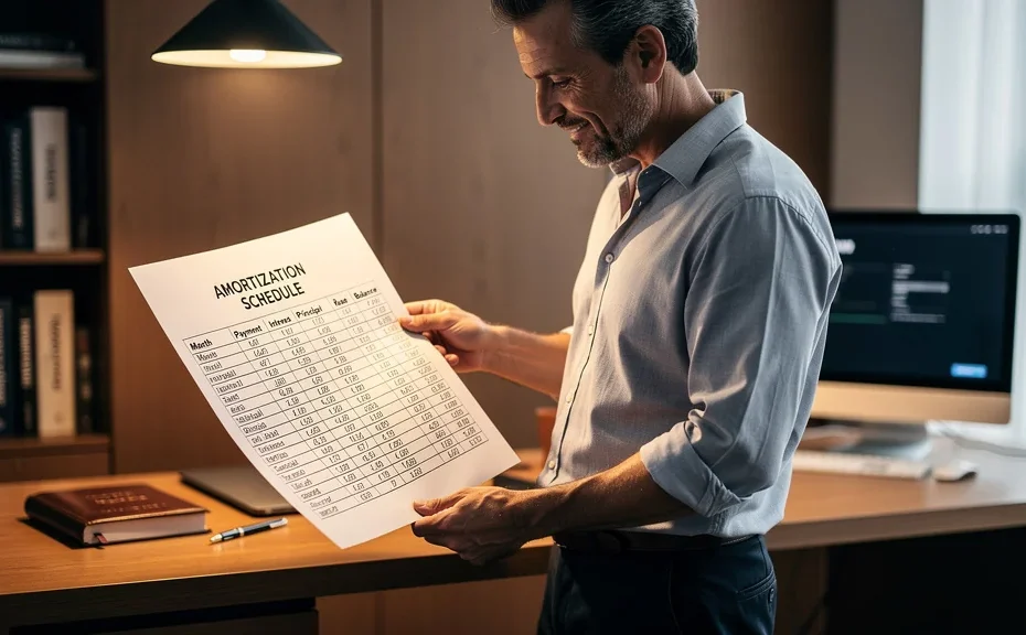 Homme tenant un tableau d'amortissement manuscrit éclairé, symbolisant la clarté face à un export logiciel